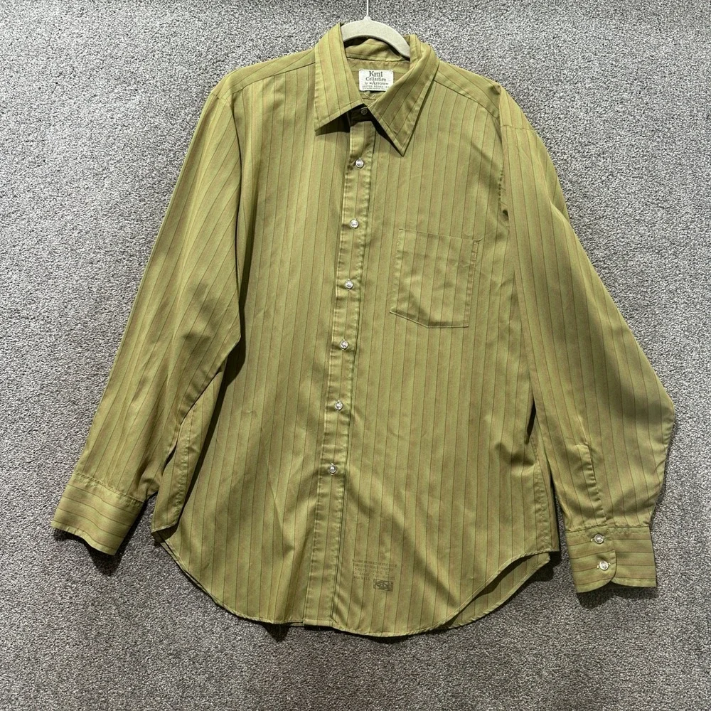 Vintage Arrow Kent Collection Drake II Olive Green Striped Dress Shirt 16.5 35 - Picture 1 of 12